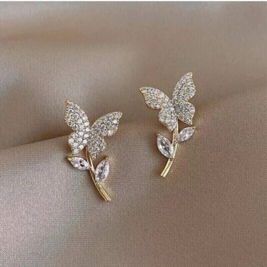 Golden Butterfly Flower Style Zircon Studs/Earrings For Women