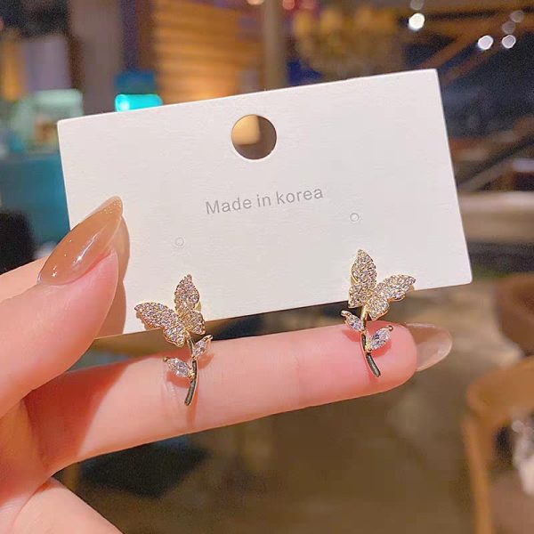 Golden Butterfly Flower Style Zircon Studs/Earrings For Women