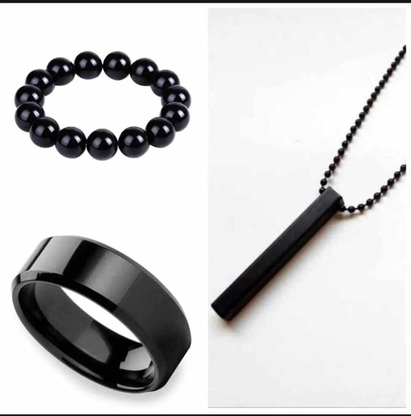 Pack Of 3 Vertical Bar Boy’s Pendant, Ring And Bracelet Set, Color Black