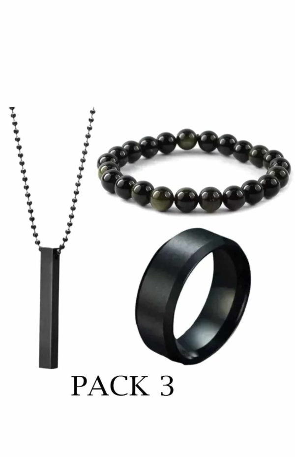 Pack Of 3 Vertical Bar Boy’s Pendant, Ring And Bracelet Set, Color Black